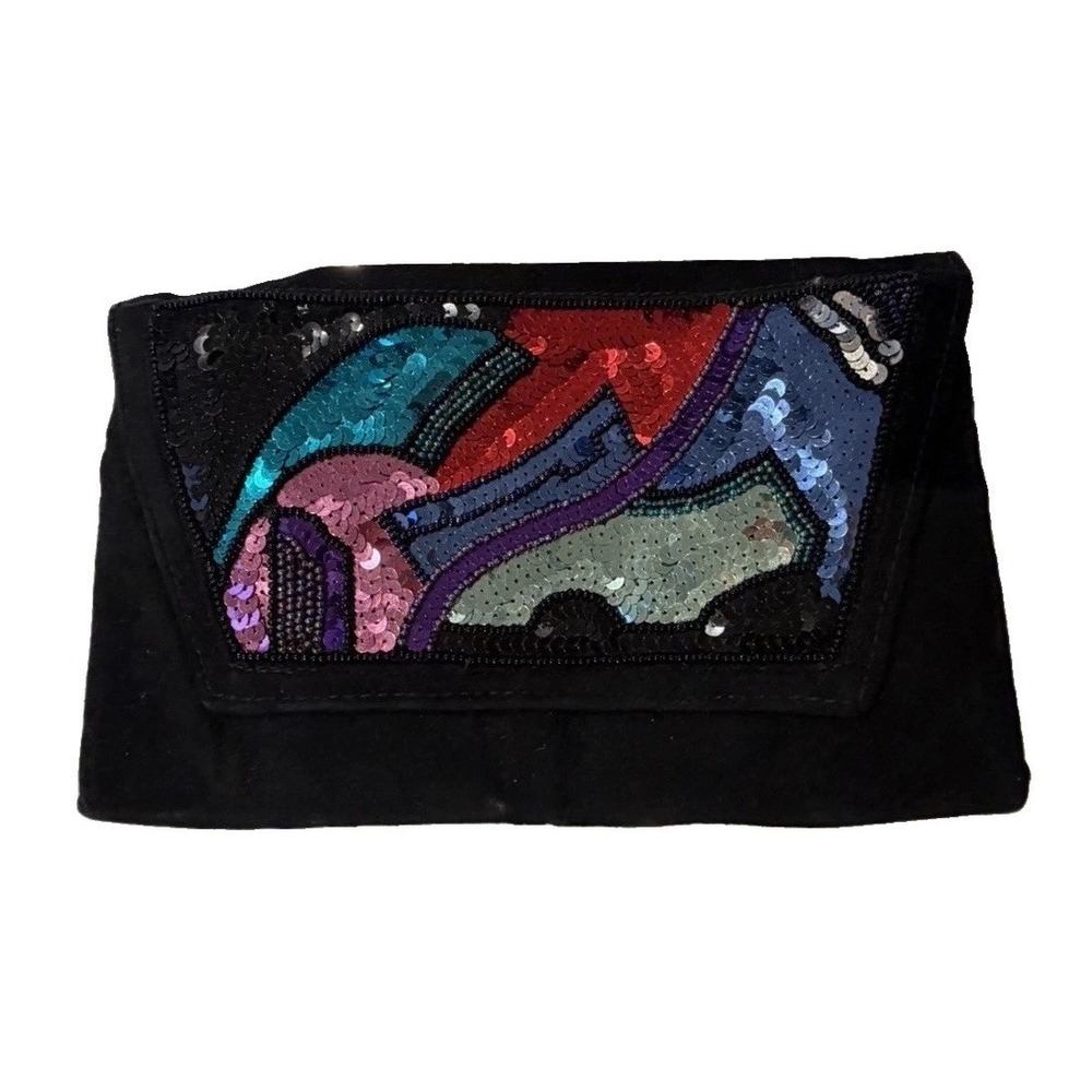 Vintage Black Folding Wallet Clutch for Women, Multicolor Sequin Abstract, Snap